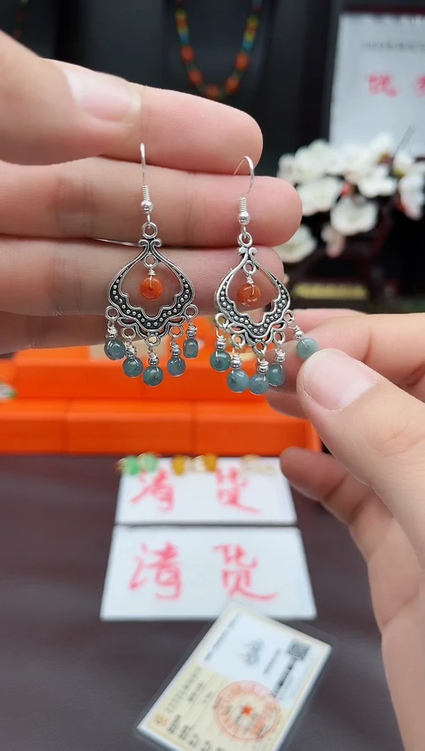 翡翠银S925镶嵌耳饰432000