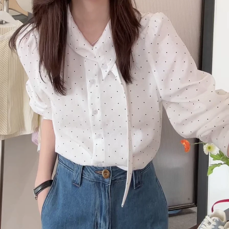 春季新款洋气气质长袖衬衣时尚小众法式复古甜美设计感波点衬衫