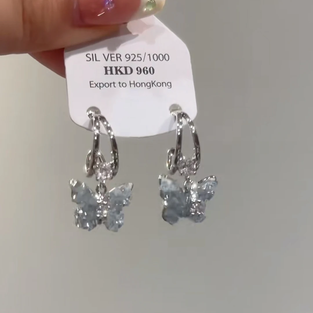 铜合金耳饰 冰透蓝色蝴蝶耳环女时尚小众轻奢气质高级感甜美耳饰