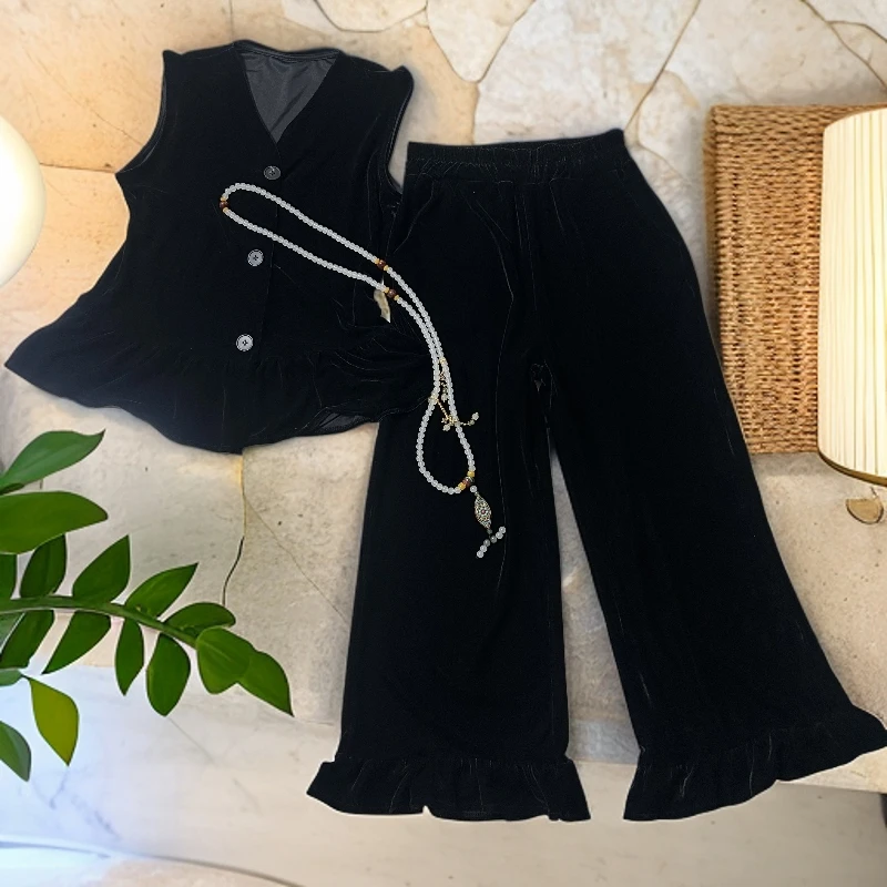 夏季简约丝绒V领无袖上衣搭配长裤时尚套装