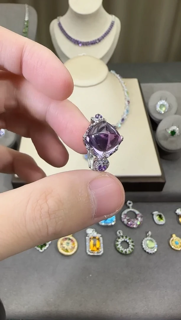银S925镶嵌戒指紫晶11mm戒指糖塔设计款