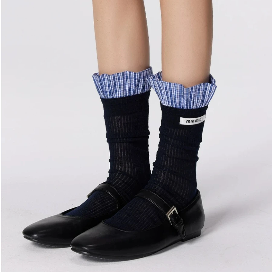 春夏季miu系格子拼接花边中筒袜透气甜酷小众潮袜子洋气高颜值棉
