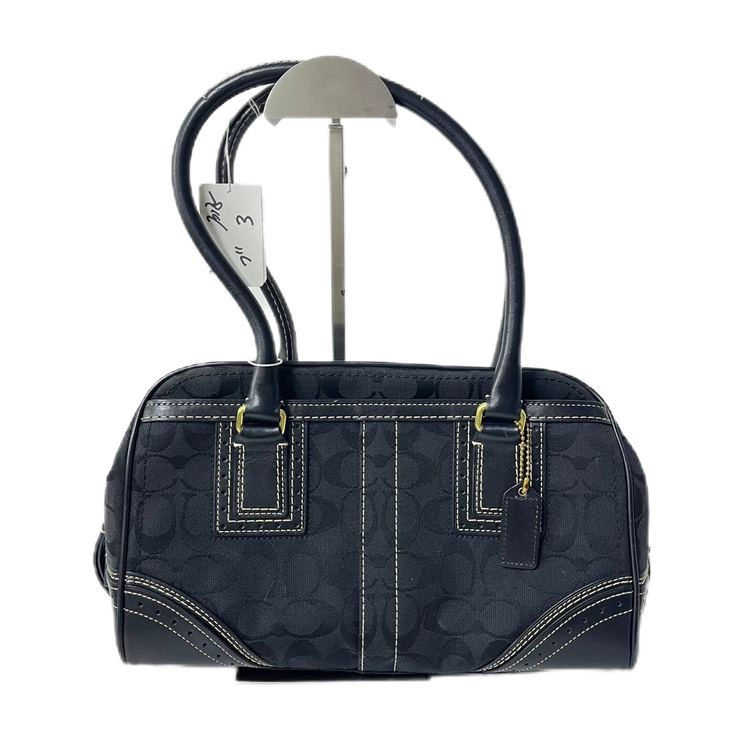 95新 COACH/蔻驰 黑色老花帆布拼皮单肩手提包 MM-80440