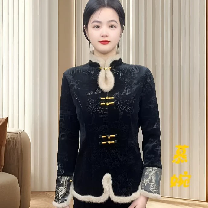 【慕婉】2025新款黑色秋冬时尚新中式正扣冬春款女士上衣