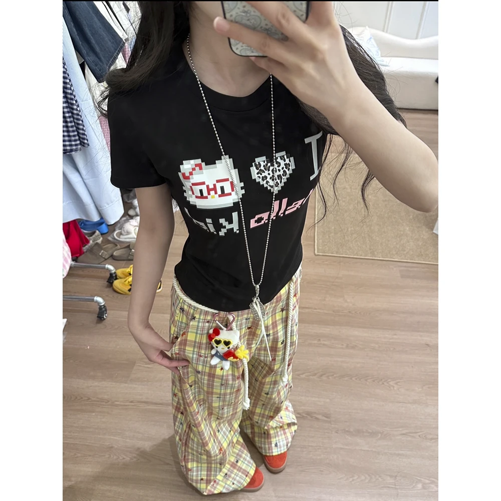 Kitty猫甜辣妹短袖t恤女夏季新款修身显瘦正肩小个子百搭上衣