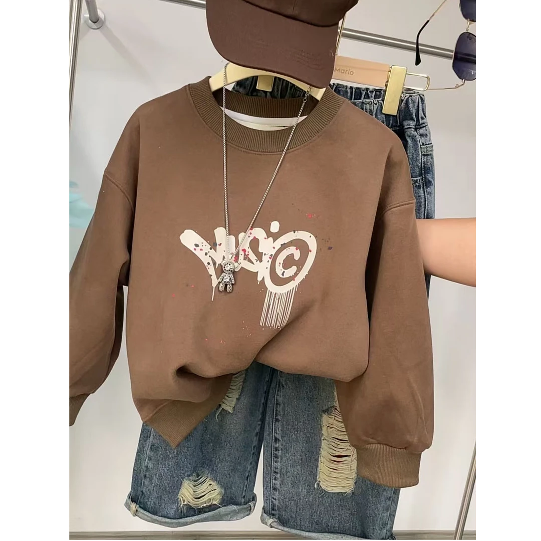 509158 咖 韩版男童女童新款秋款时尚儿童洋气百搭休闲加绒卫衣