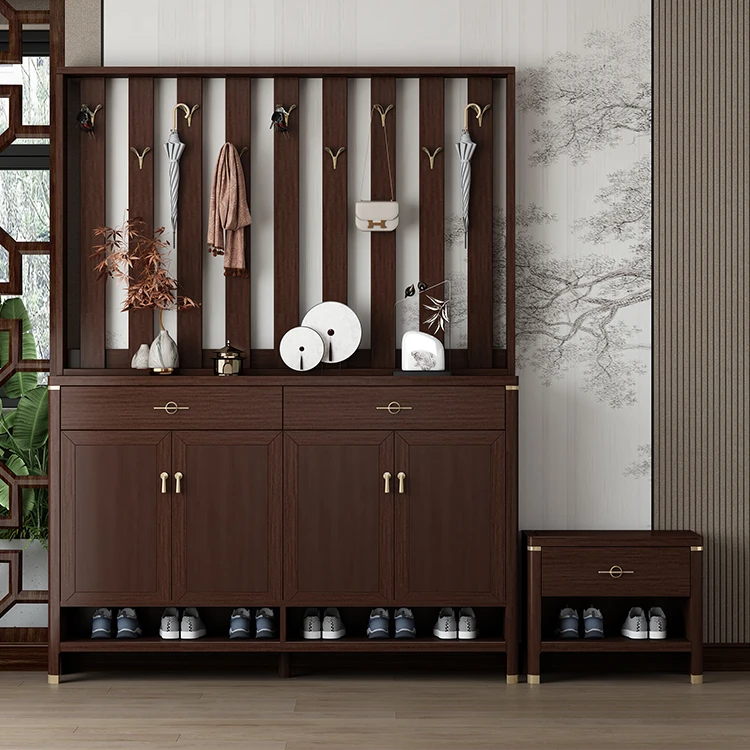 新中式全实木鞋柜带上架收纳柜容量玄关储物柜客厅家用隔断高柜