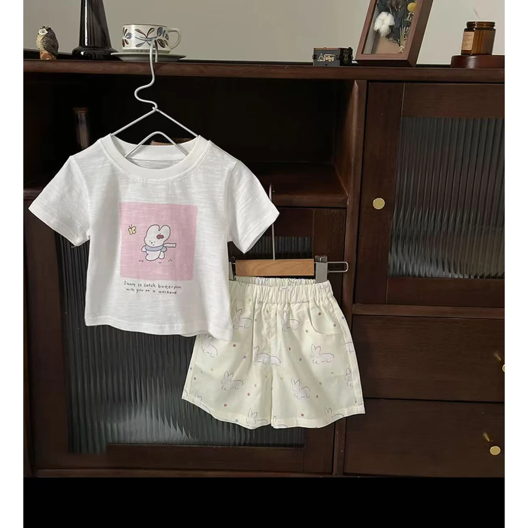 女童夏装套装2025款儿童服装小兔子卡通印花短袖上衣休闲短裤纯棉