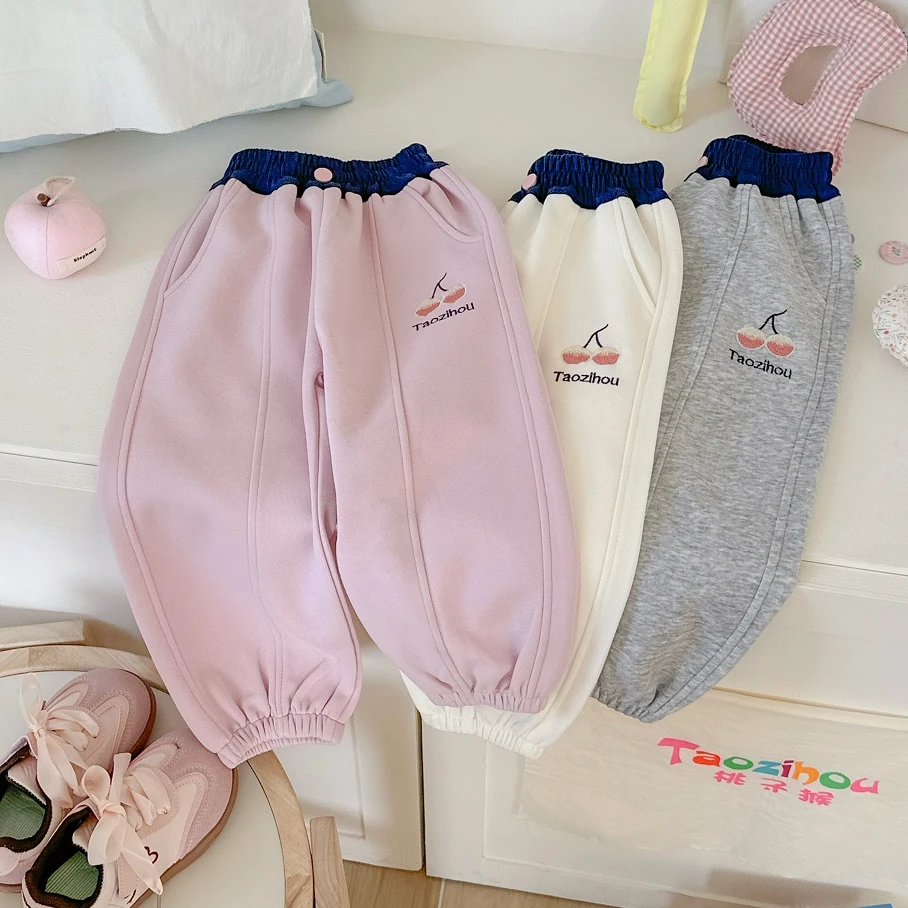 【桃子猴】2025春款樱桃刺绣撞色卫裤HC2508