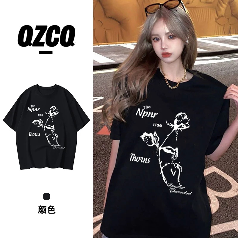 QZCQ美式玫瑰半袖休闲宽松百搭夏季短袖女T恤慵懒设计潮上衣圆领