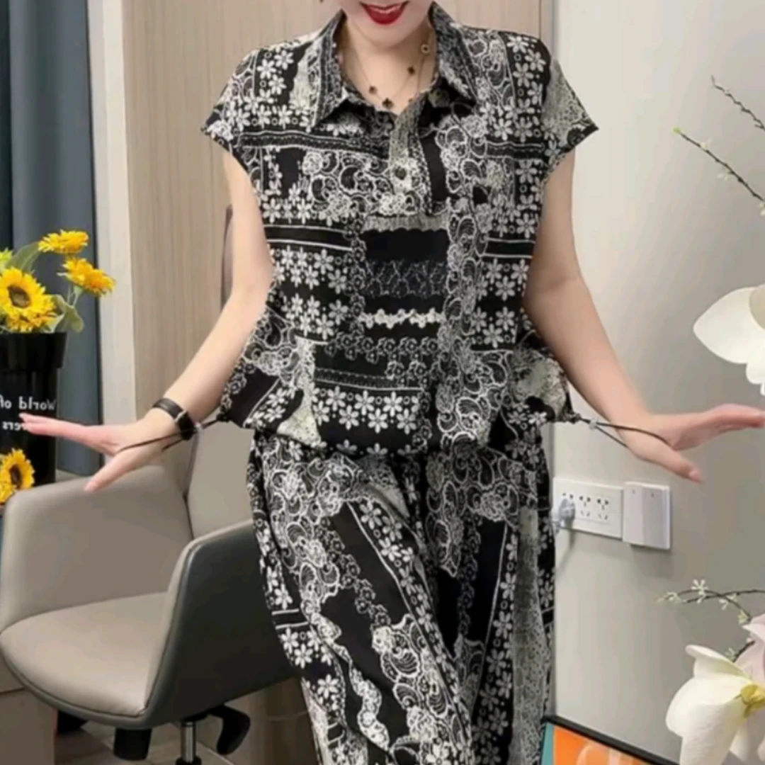新款百搭碎花女装短袖套装宽松显瘦中老年妈妈2025夏款大码两件套