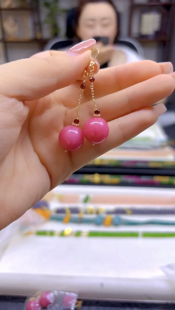 菱锰矿（红纹石）14K金镶嵌耳饰DIY款E613