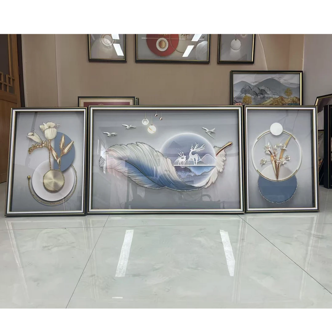 家大业大聚财挂画简约三联壁画大气客厅沙发背景墙装饰画打孔背墙