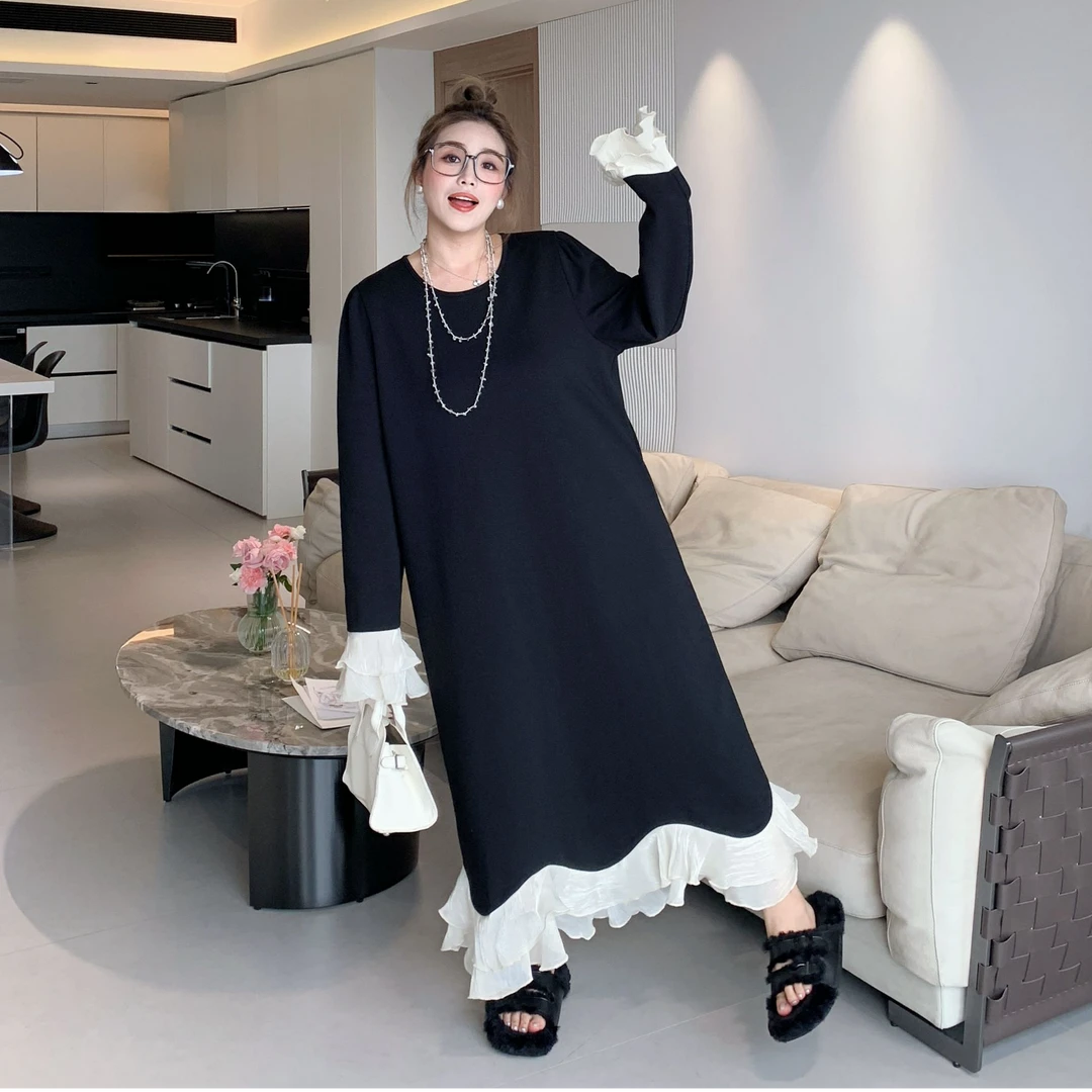 媛子大码秋季新款洋气连衣裙氛围感荷叶边设计款宽松新款时尚女装