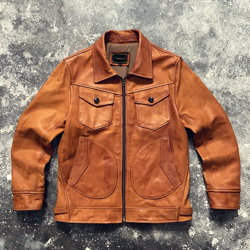 新款门多萨做旧做脏无涂磨砂牛皮美式牛皮夹克翻领复古真皮皮衣