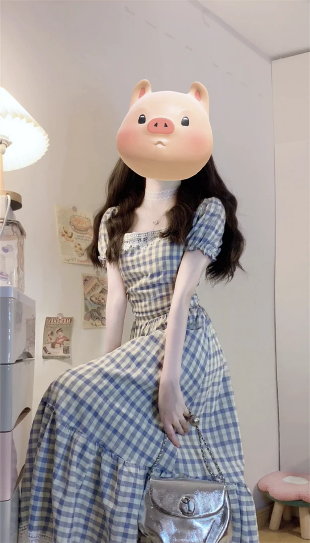 海盐之恋 大码法式甜美A字裙摆显白蕾丝拼接桔梗初恋连衣裙