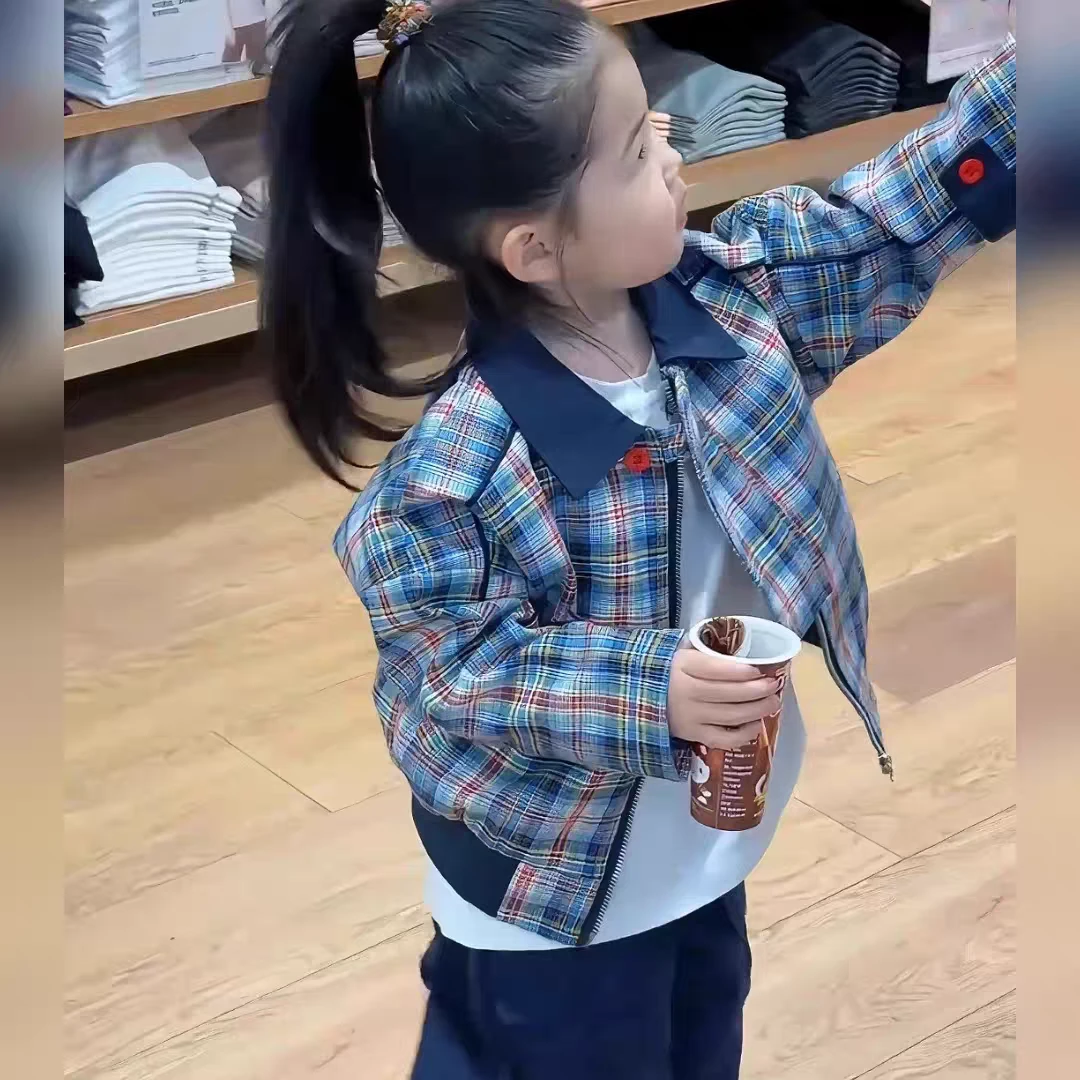 女童韩版格子夹克外套春秋季2025新款儿童宝宝洋气时髦棒球服上衣