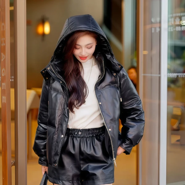D55602头层绵羊皮鹅绒服短款时尚休闲百搭皮衣皮草外套女