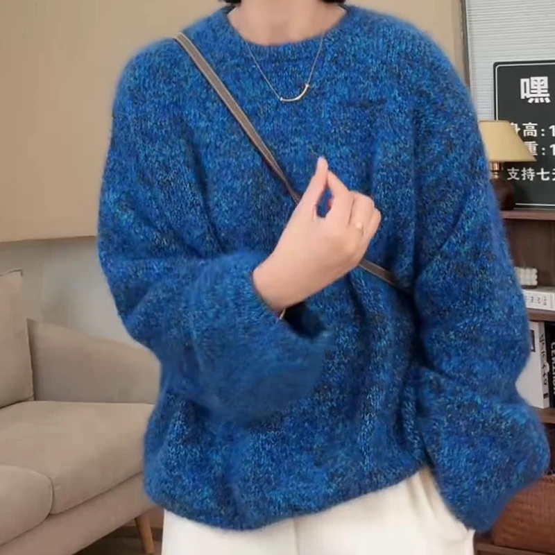 【蓝眼泪】秋季韩式新花纱简约圆领宽松气质套头毛衣LK2506940