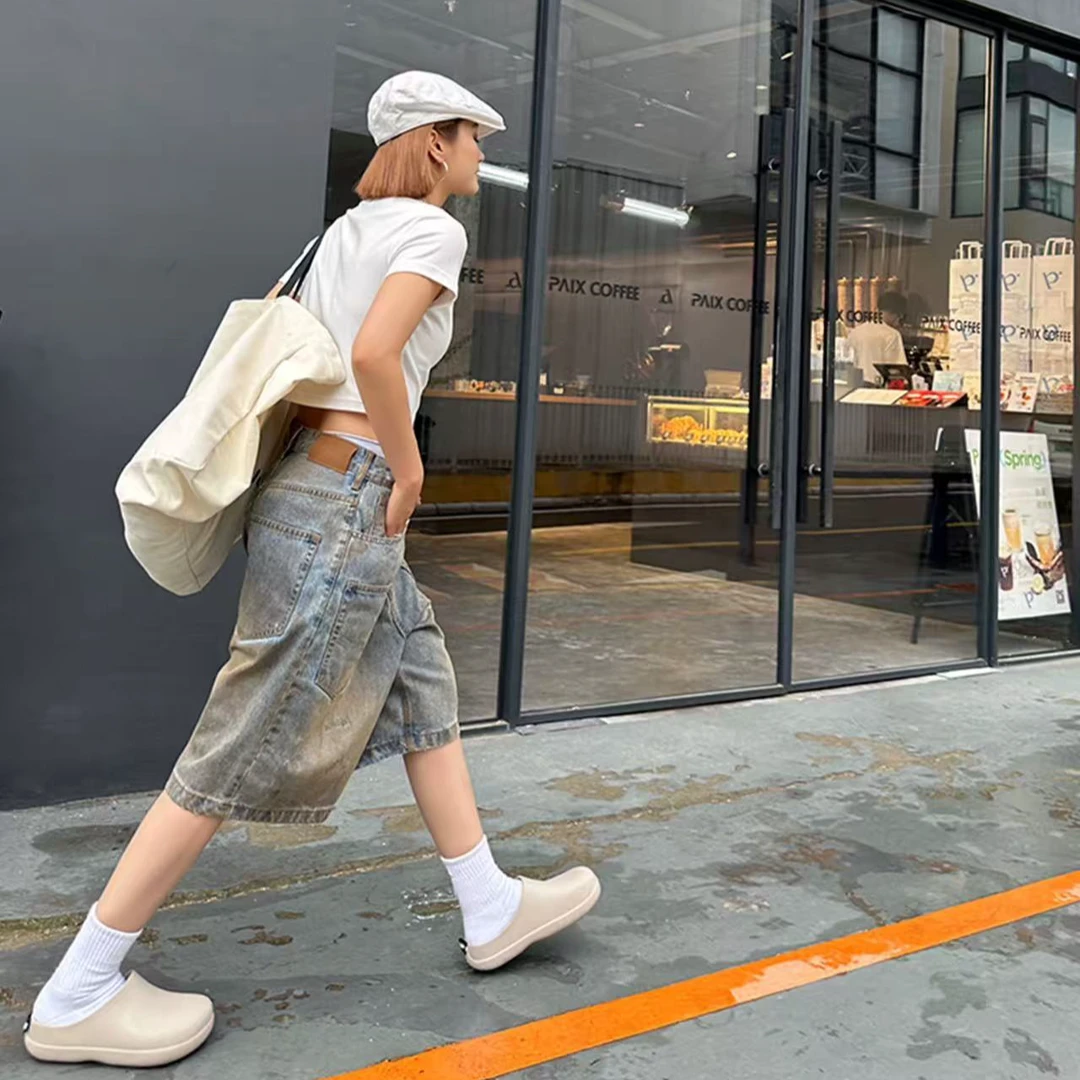 D8943夏季美式复古水洗脏脏做旧牛仔五分阔腿短裤