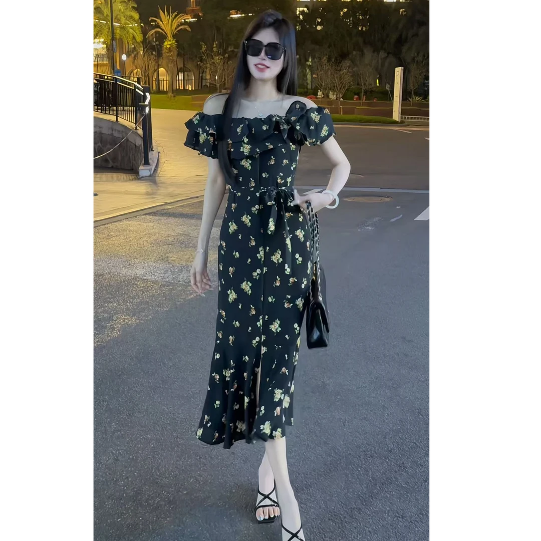 高级感洋气荷叶边一字肩修身显瘦开叉鱼尾长裙 包臀印花连衣裙