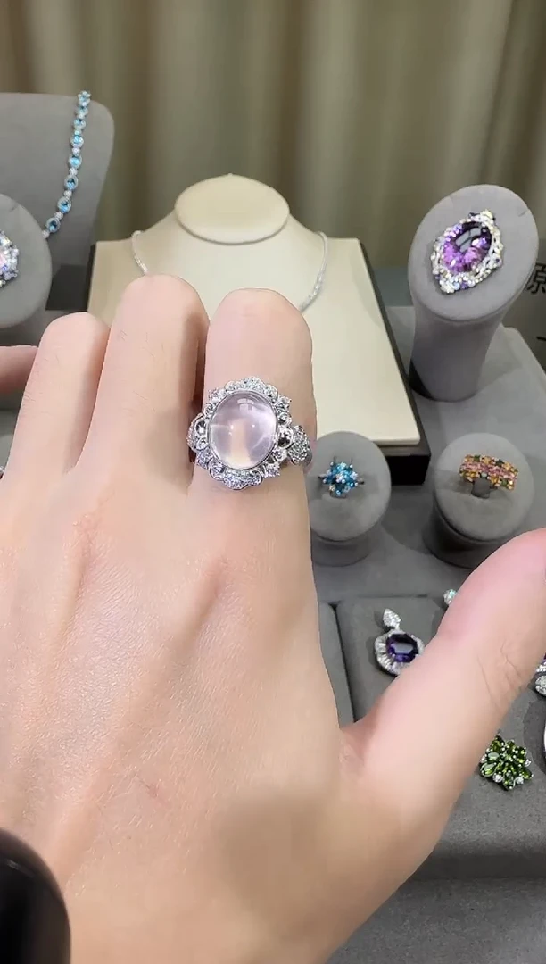 银S925镶嵌戒指芙蓉石12*10mm戒指设计款星光粉水晶