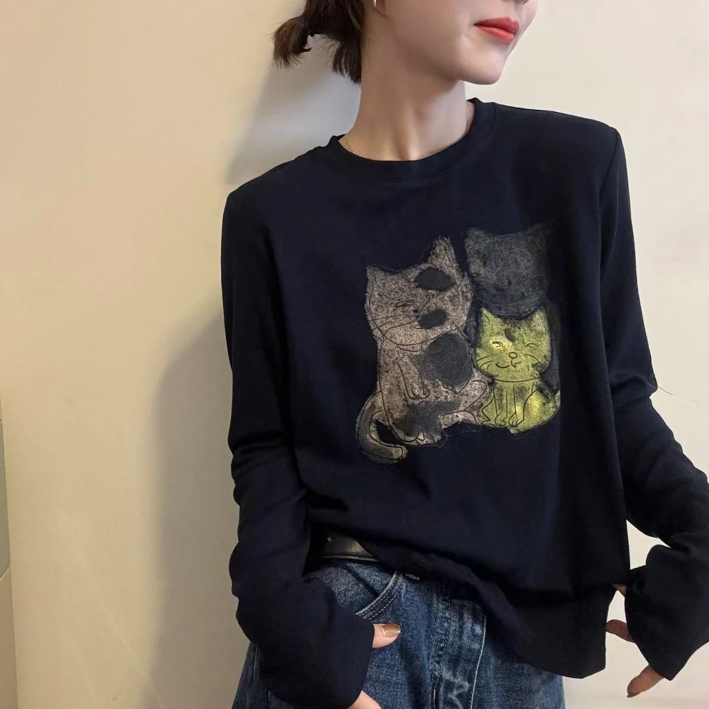 印花女长袖纯棉宽松印花拔染T恤女秋季长袖打底T恤女装新款上衣