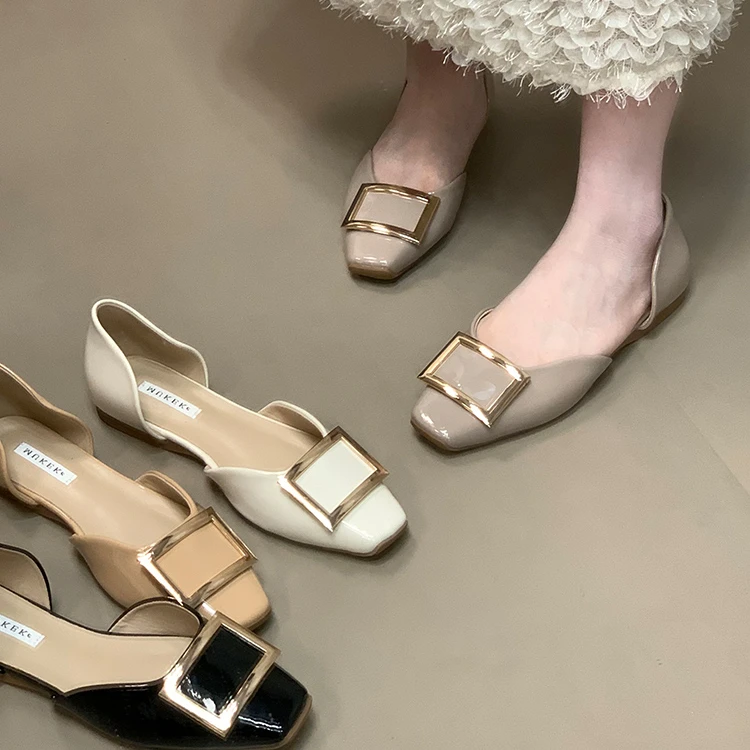 【万达撤柜】时尚方扣中空平底鞋女浅口包头凉鞋子一脚蹬玛丽珍鞋法