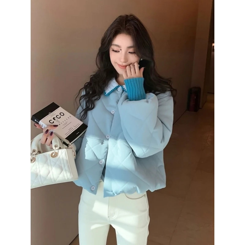 2026冬季超火减龄小个子巨好看独特漂亮短款设计感加厚蓝色棉服女