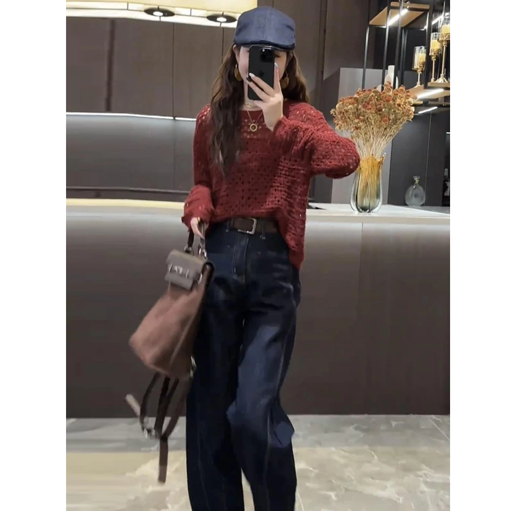 2025年早秋新款韩版时尚套装女圆领针织罩衫配阔腿牛仔裤三件套潮