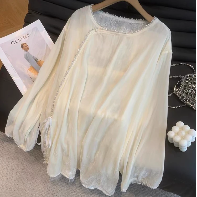 2025秋季新款新中式国风高级长袖衬衫女钉珠时尚衬衣宽松气质上衣