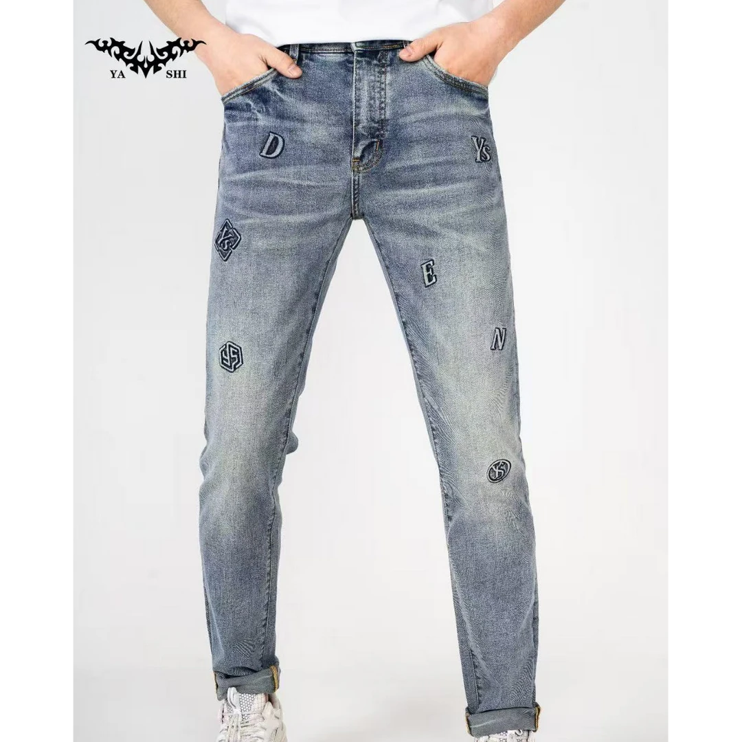 2024亚仕春夏潮流时尚钢印怀旧修身直筒牛仔裤