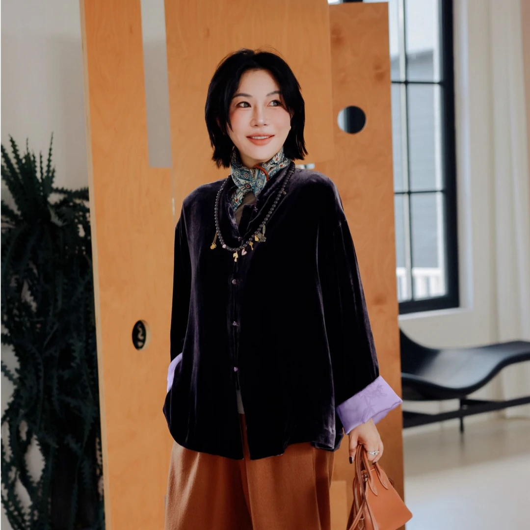 PENNYPENG 清风借酒 优雅气质新中式奢华真丝丝绒宽松外套上衣