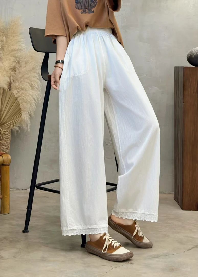 外贸韩版高密水洗纯棉复古花边设计时尚百搭显瘦阔腿裤xn