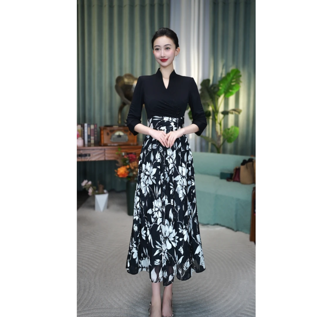SUSSI古色丨“榴花入梦”中式拼接暗纹提花复古儒裙假两件连衣裙女