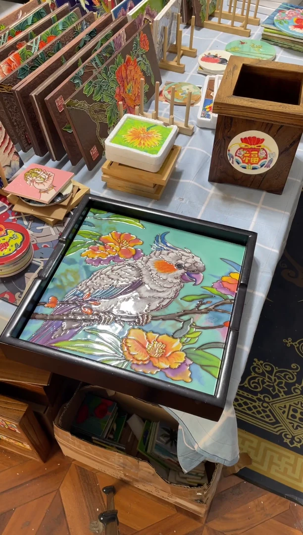 陶瓷芜****媒33*33双面茶盘鹦鹉带瑕疵