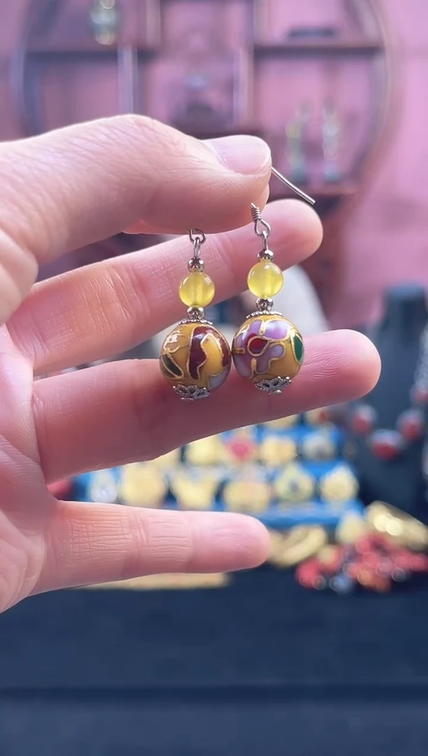 非遗 景泰蓝 耳环 黄色