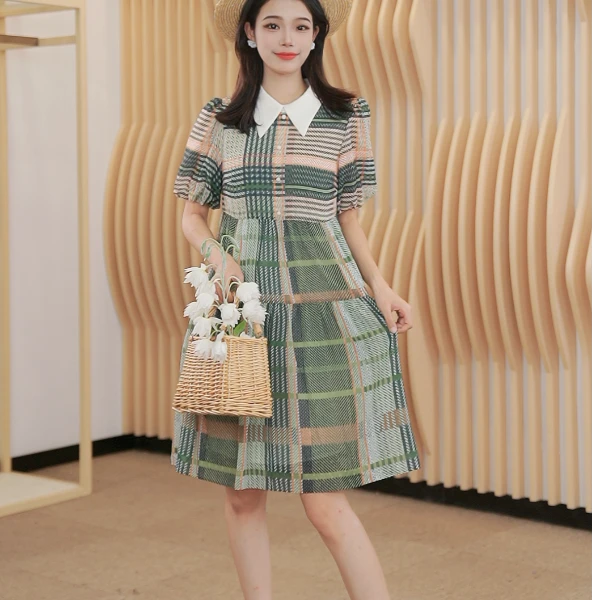唯独诗篇夏季新款格纹连衣裙淑女气质显瘦中长裙
