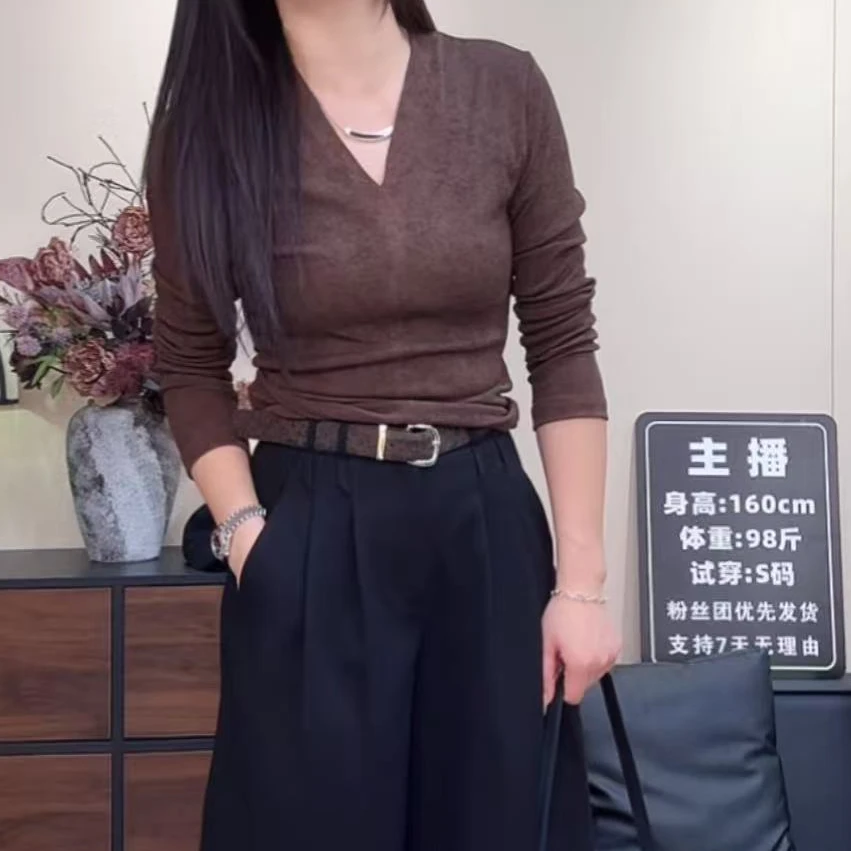 【气质V领】秋季新款韩系V领正肩显瘦晕染修身百搭上衣服