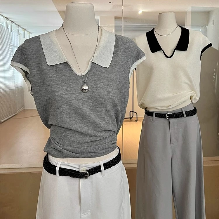 撞色翻领针织上衣女夏季短袖薄款宽松 法式气质polo衫拼色简约t恤