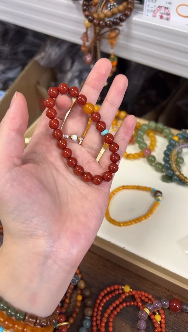 未镶嵌蜜蜡手链柿子红玛瑙蜜蜡顶珠手串8MM[1710]