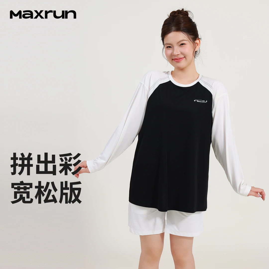 MaxRun大码健身服拼接撞色美式长袖运动休闲上衣女宽松速干T恤N29
