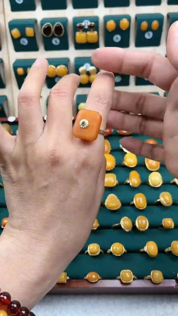 银S925镶嵌琥珀戒指橘皮戒指