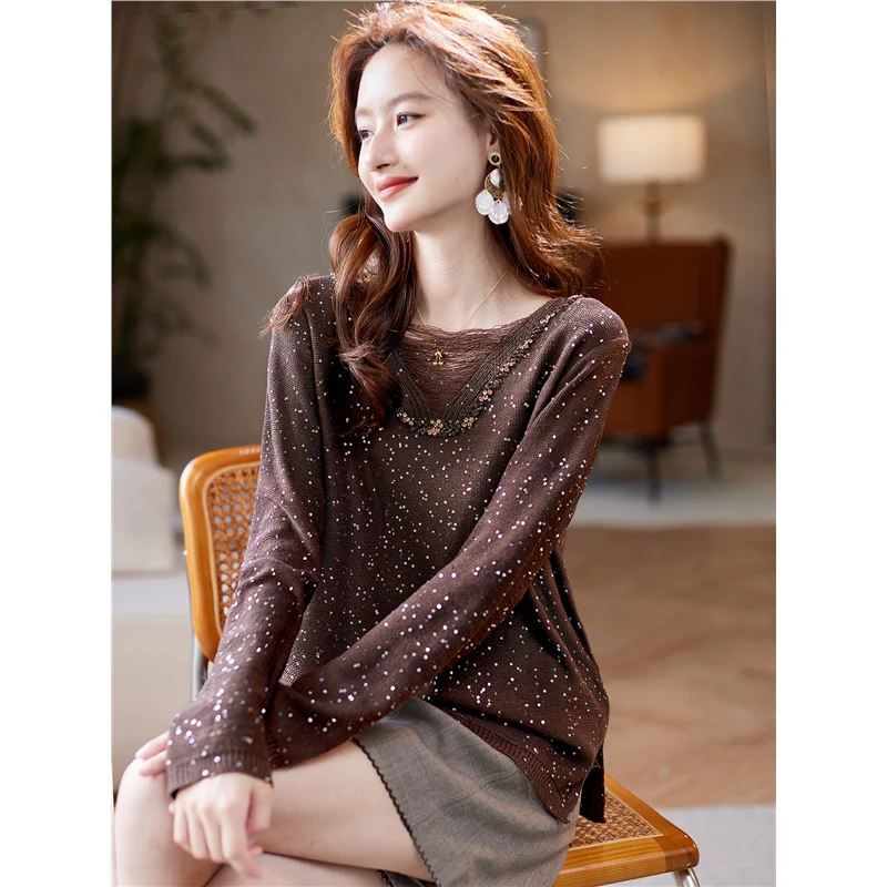 圆领亮片慵懒针织衫女秋季2025新款时尚百搭显瘦宽松打底毛衣上衣