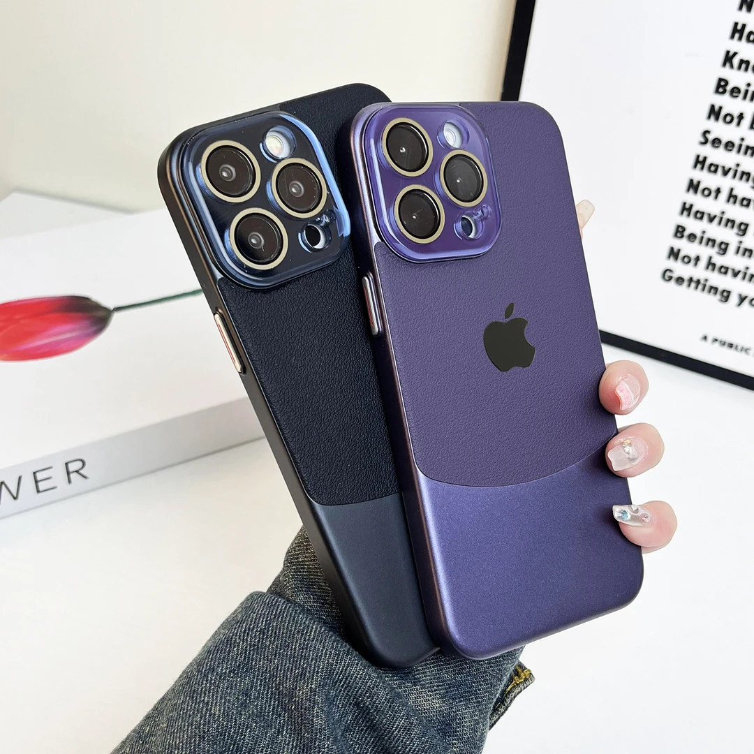 适用于苹果16/15/14/13镜头全包双拼皮纹壳iphone16promax手机壳