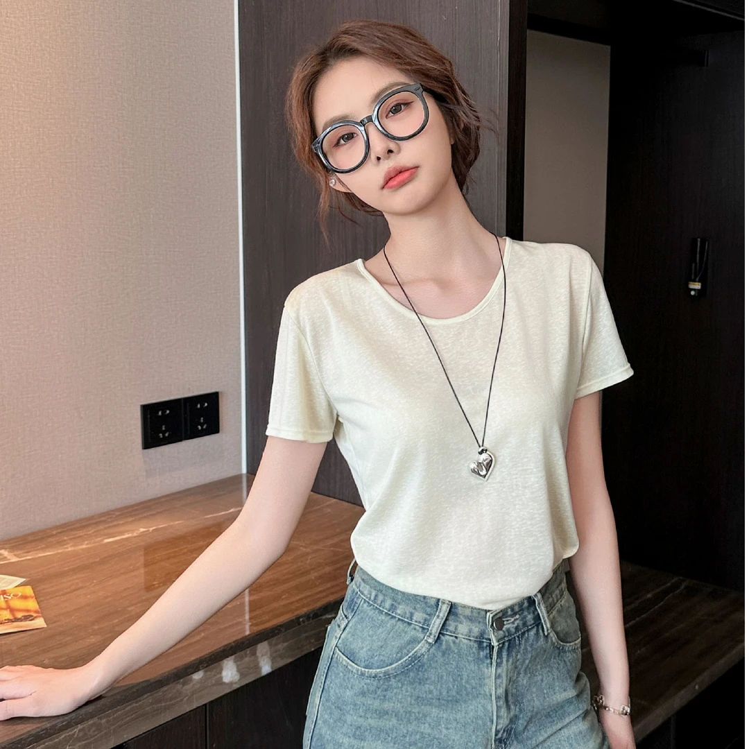 天丝雪花V领慵懒风大码宽松夏季短袖T恤#12567