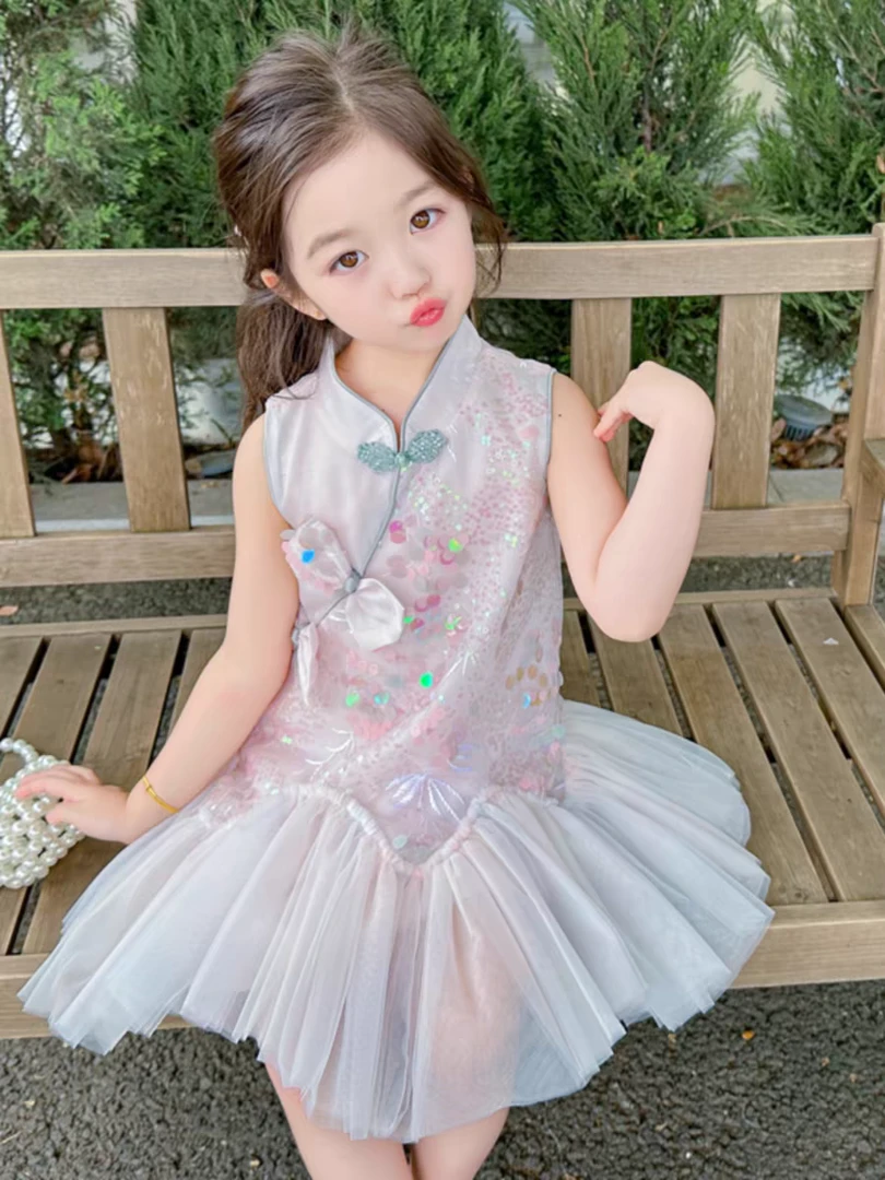 小女孩童夏季美人鱼旗袍裙2025年新款无袖盘扣生日礼服幼儿园0194