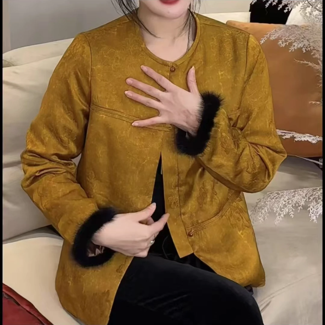 香云纱牡丹提花貂毛袖圆领加棉唐装