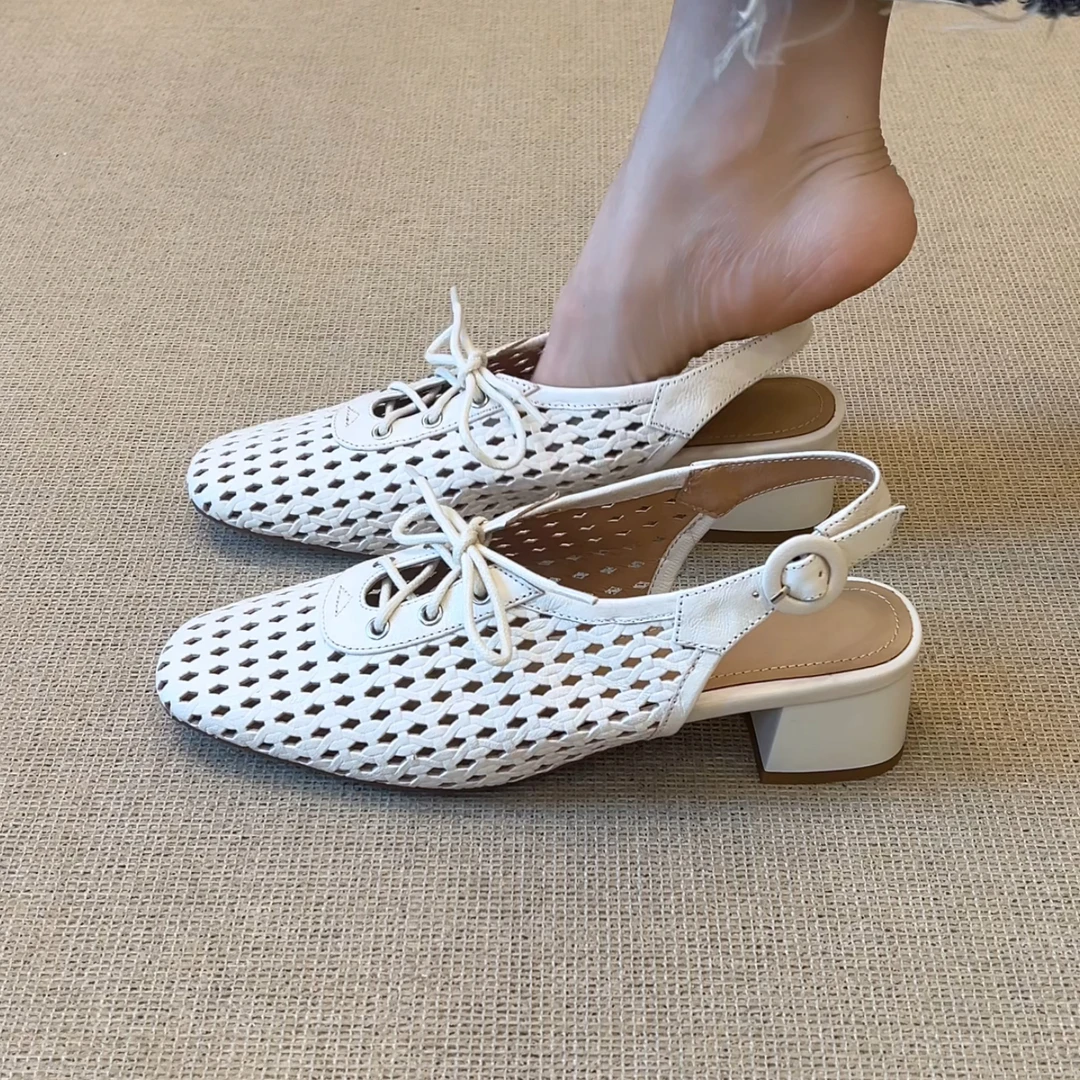 RubyL/4cm夏季新款时尚镂空透气舒适休闲纯色系带后绊带包头凉鞋