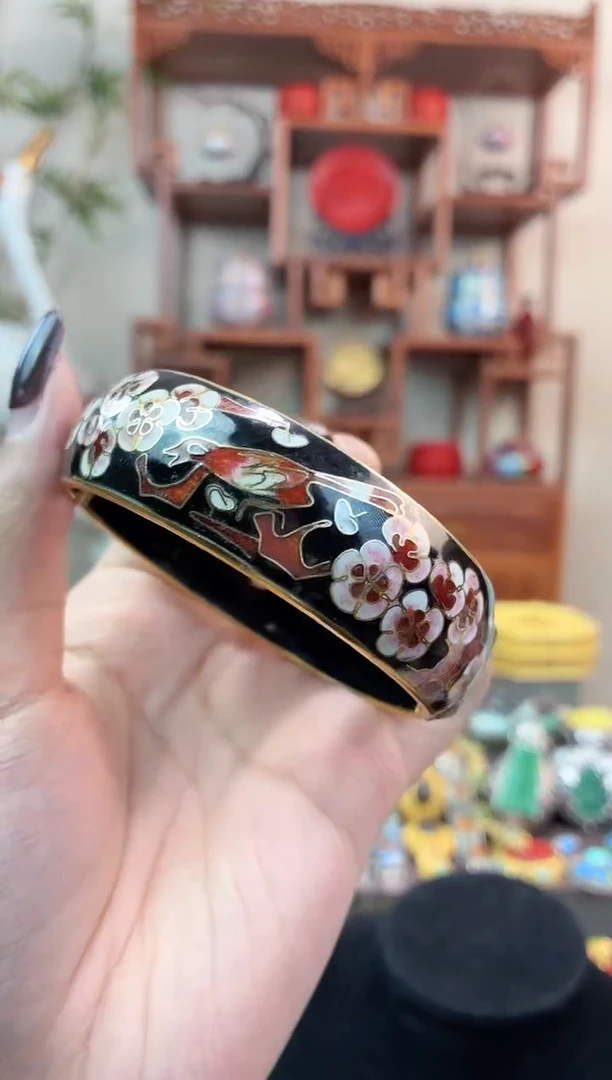 非遗手工景泰蓝开口银蓝镯子黑色